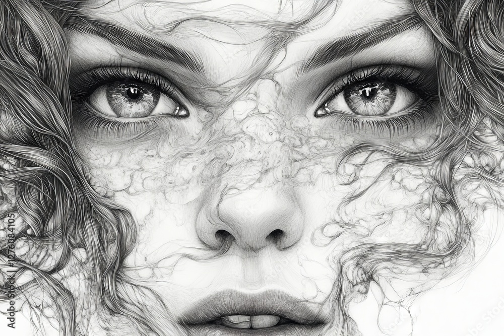 custom made wallpaper toronto digitalStunning black and white portrait of a woman with captivating eyes and flowing hair amidst an artistic swirl