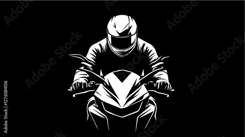 Black and white illustration of a sports motorcycle. Moto racer. Motorcyclist. Riding a motorcycle.