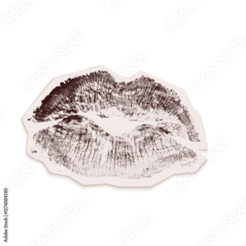 Vintage torn out paper collage of imprint of kiss. Isolated vector collage illustration cut from an old newspaper with a halftone effect. Retro element with Bitmap texture of imprint sexy female lips