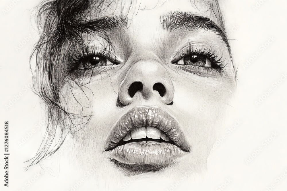 Obraz premium Detailed pencil drawing of a young woman with expressive eyes and full lips, showcasing realistic texture and emotion