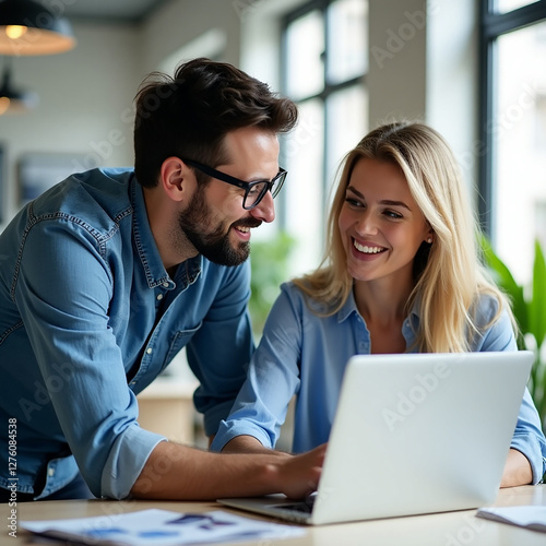 Smiling Colleagues Collaborating on a Project in a Corporate Startup Environment