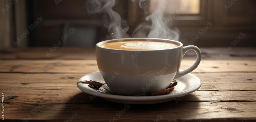 Fototapeta premium Steaming cup of coffee on a rustic wooden table, warm tones, simplicity