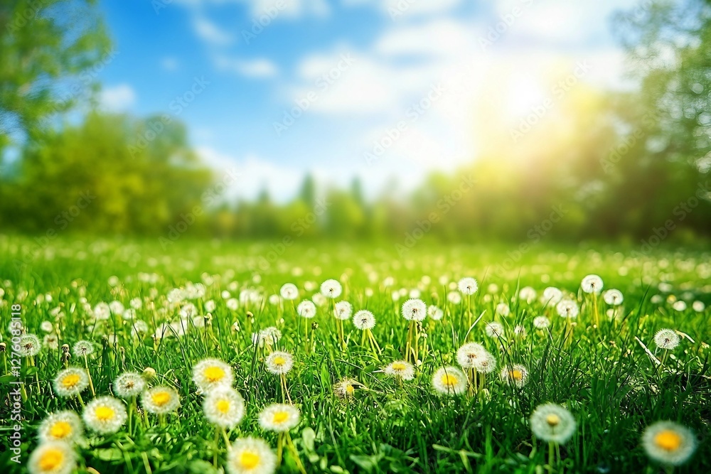 Fototapeta premium Beautiful bright natural image of fresh grass spring meadow with dandelions with blurred background and blue sky with clouds.