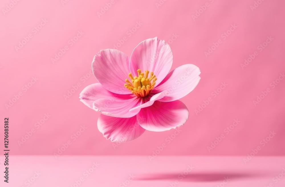 Fototapeta premium Fresh quince blossom, beautiful pink flowers falling in the air isolated on pink background. Zero gravity or levitation, spring flowers conception, high resolution image
