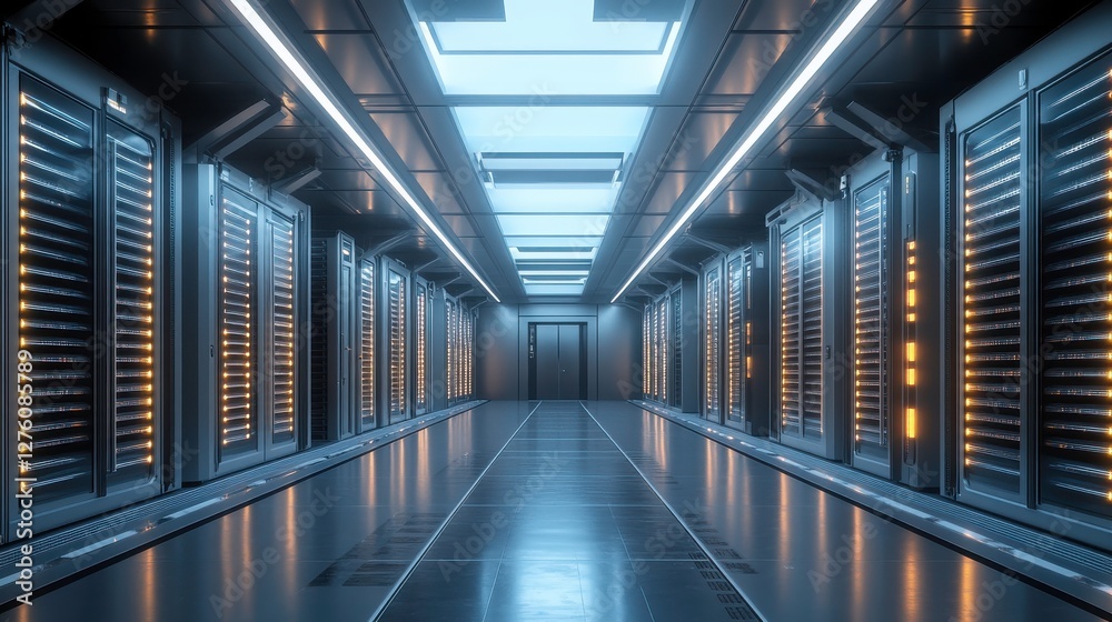 Fototapeta premium A futuristic server room with rows of data racks illuminated by blue lights, showcasing a sleek and high-tech atmosphere.