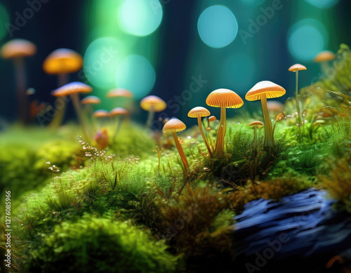 Moss Forest with Tiny Mushrooms – A microscopic view of a lush green moss landscape with delicate fungi. photo