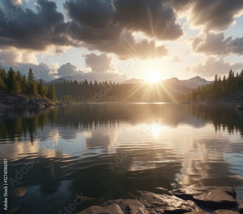 Sunlight bursts through the cloudy horizon over a lake, light, clouds