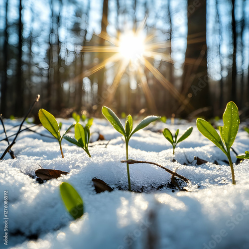 Forest in the beginning of spring with first green leaf tree sprouts starting to grow from the ground still covered with snow. Concept of spring coming, winter leaving and change.