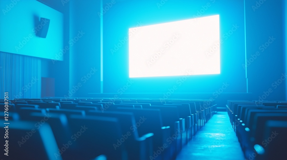 Fototapeta premium Empty theater with blue lights. Blank screen in cinema. A mockup of a hall with a giant auditorium with a giant ai. Vacant auditorium illuminated by blue lifestyle lights.