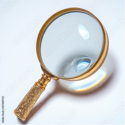 A magnifying glass with realistic glass refractions, white background