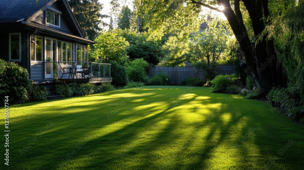 Obraz premium lush green lawn and house in a sunny backyard