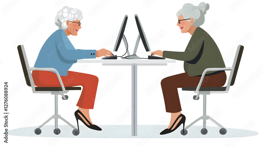 Simple clip art of an elderly woman helping another person use the computer
Simple clip art of an elderly woman helping another person use the computer