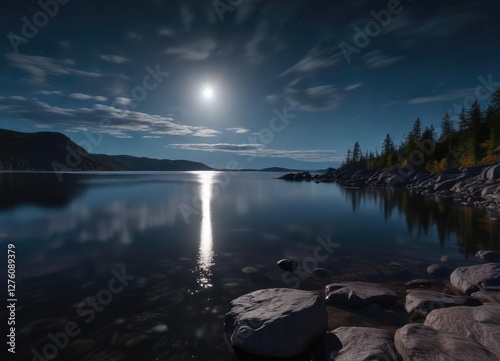 The moon casts a silver glow over Lake Superior's calm surface at night, nighttime, clouds, peaceful scene
