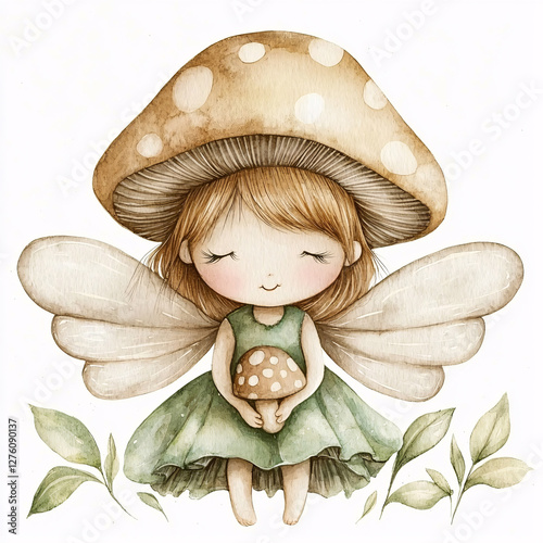 Whimsical fairy with mushroom hat and wings in a serene pose. photo