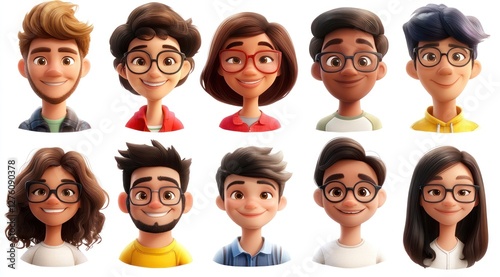 Smiling People Closeup Portrait Set Cute Cartoon Businessman Male and Female Avatars Multi-ethnic Man and Woman Faces Isolated on White Background