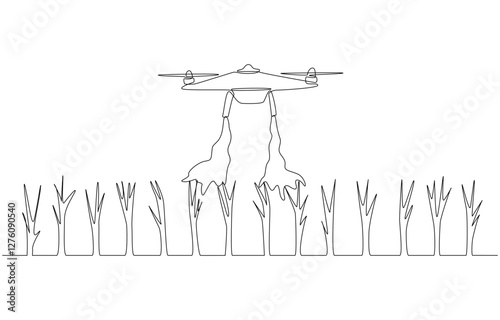 Continuous one line drawing of drone spraying pesticide in field, agricultural technology concept, single line art photo