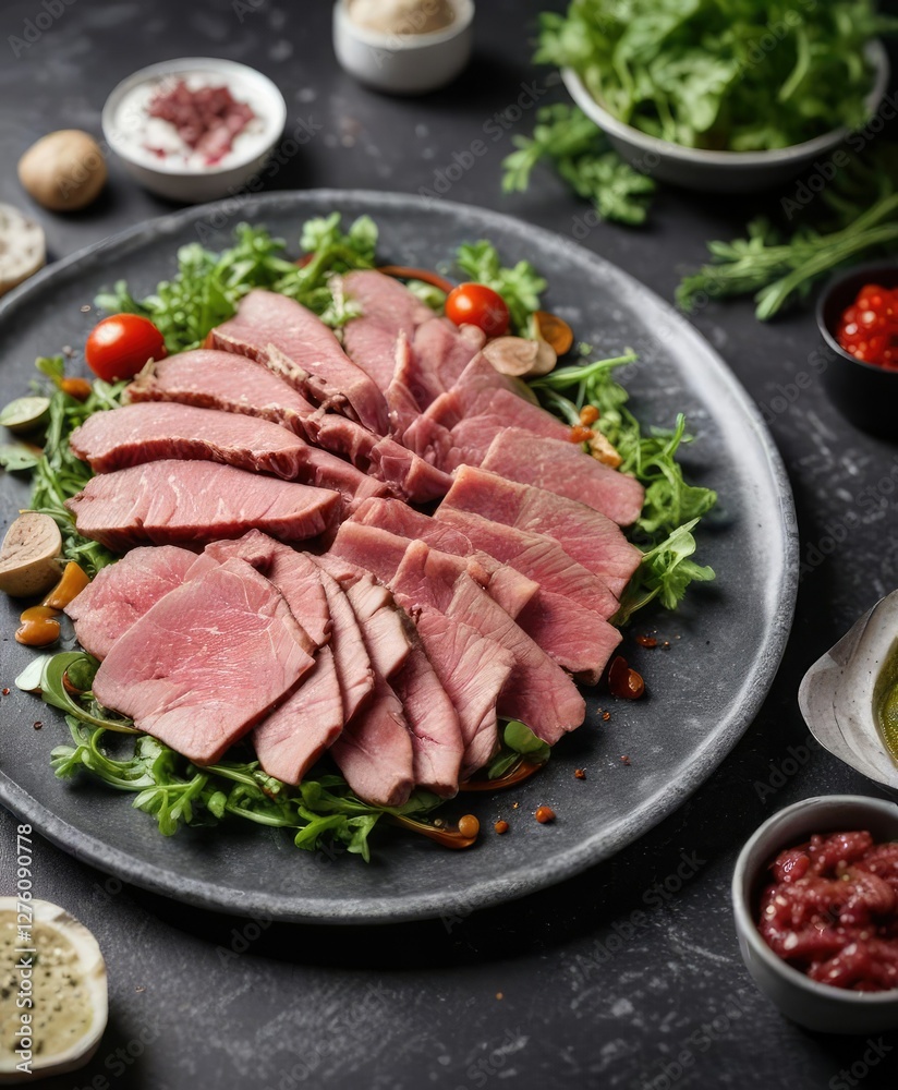 Thinly sliced raw beef on a black marble table with arugula salad, white truffle sauce, and homemade pesto , red wine glass, pistachios and mustard, raw beef carpaccio Thinly sliced raw beef on a black marble table with arugula salad, white truffle sauce, and homemade pesto , red wine glass, pistachios and mustard, raw beef carpaccio