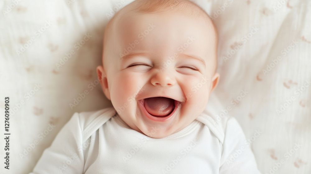 Happy baby laughing with joy, showcasing pure innocence and delight. This adorable infant smile radiates warmth and happiness, capturing moment of pure bliss Happy baby laughing with joy, showcasing pure innocence and delight. This adorable infant smile radiates warmth and happiness, capturing moment of pure bliss