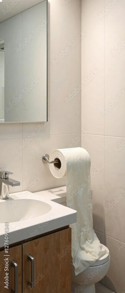 Fototapeta premium Toilet paper roll on the bathroom counter with a used sheet hanging out , tissue box empty, used sheet hanging loose, exposed toilet paper