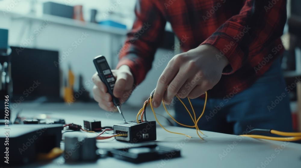 Damaged cables being fixed by a technician in a bright, modern workspace. Featuring technical expertise and attention to detail Damaged cables being fixed by a technician in a bright, modern workspace. Featuring technical expertise and attention to detail