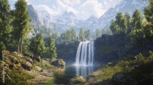 serene waterfall in mountain valley