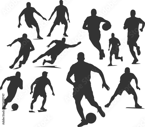 Soccer football group of men playing set of isolated vector silhouette team sport athletes.