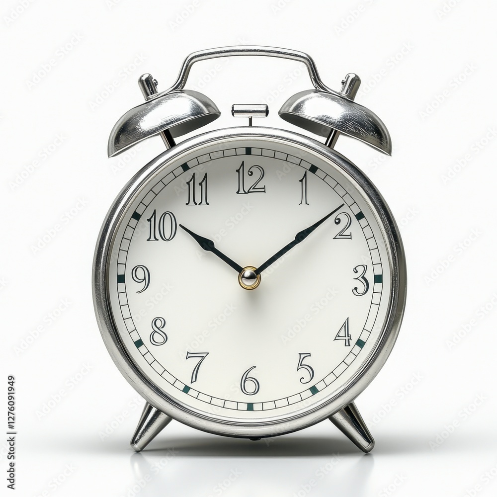 A minimalist alarm clock with a metal frame, realistic reflections, white background A minimalist alarm clock with a metal frame, realistic reflections, white background