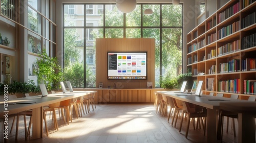 A modern, bright study room featuring large windows, wooden furniture, a screen, and lush plants, creating an inviting atmosphere for learning and collaboration.