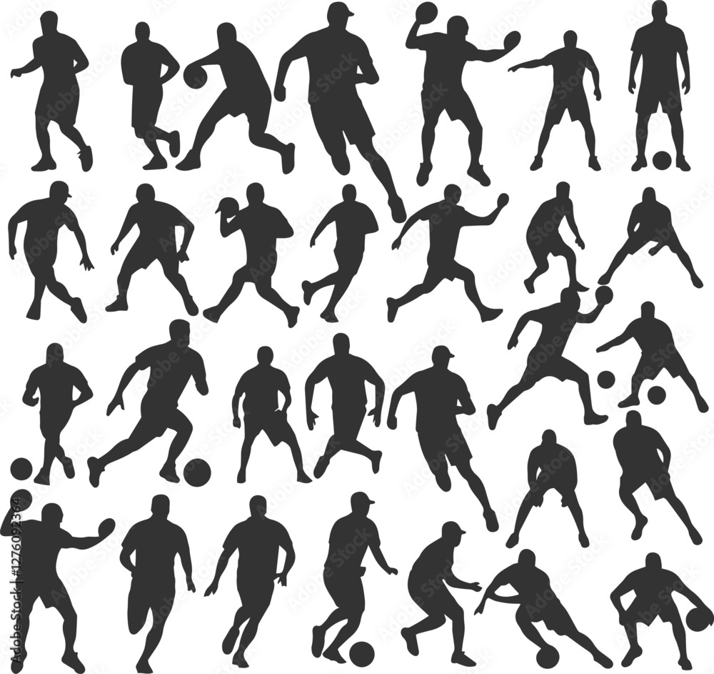 Soccer football group of men playing set of isolated vector silhouette team sport athletes. Soccer football group of men playing set of isolated vector silhouette team sport athletes.