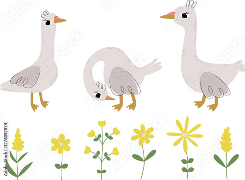 Cartoon goose. Farm bird and flowers. Poultry. Botanical hand drawn illustration