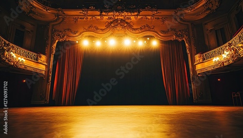 Empty Stage: Theater's Golden Curtains Await the Show's Grand Opening Night