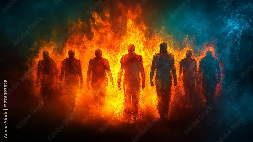 Figures engulfed in flames walking through fire Figures engulfed in flames walking through fire