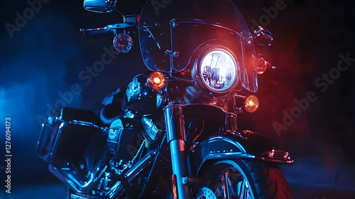 Motorrad mit Neonbeleuchtung – Moderne Ästhetik in dunkler Atmosphäre  
 photo