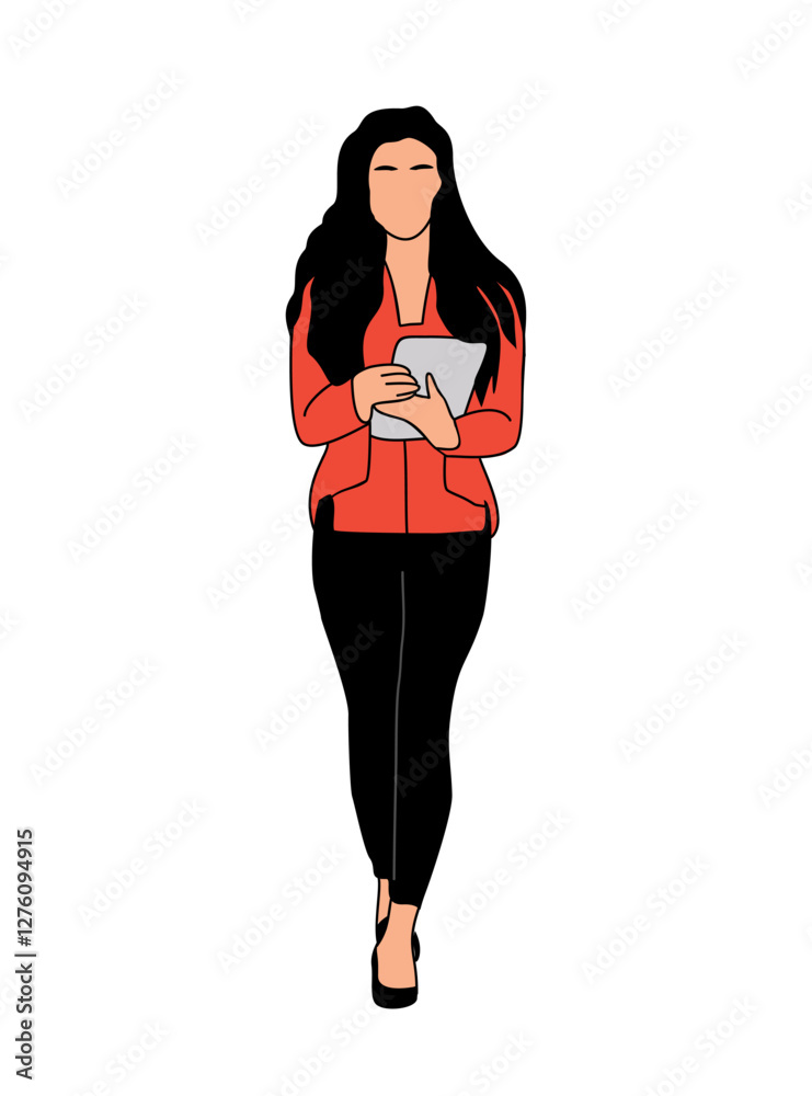 Business woman standing, holding digital tablet. Pretty young lady boss wearing formal black suit. Vector outline colored hand drawn illustration isolated Business woman standing, holding digital tablet. Pretty young lady boss wearing formal black suit. Vector outline colored hand drawn illustration isolated