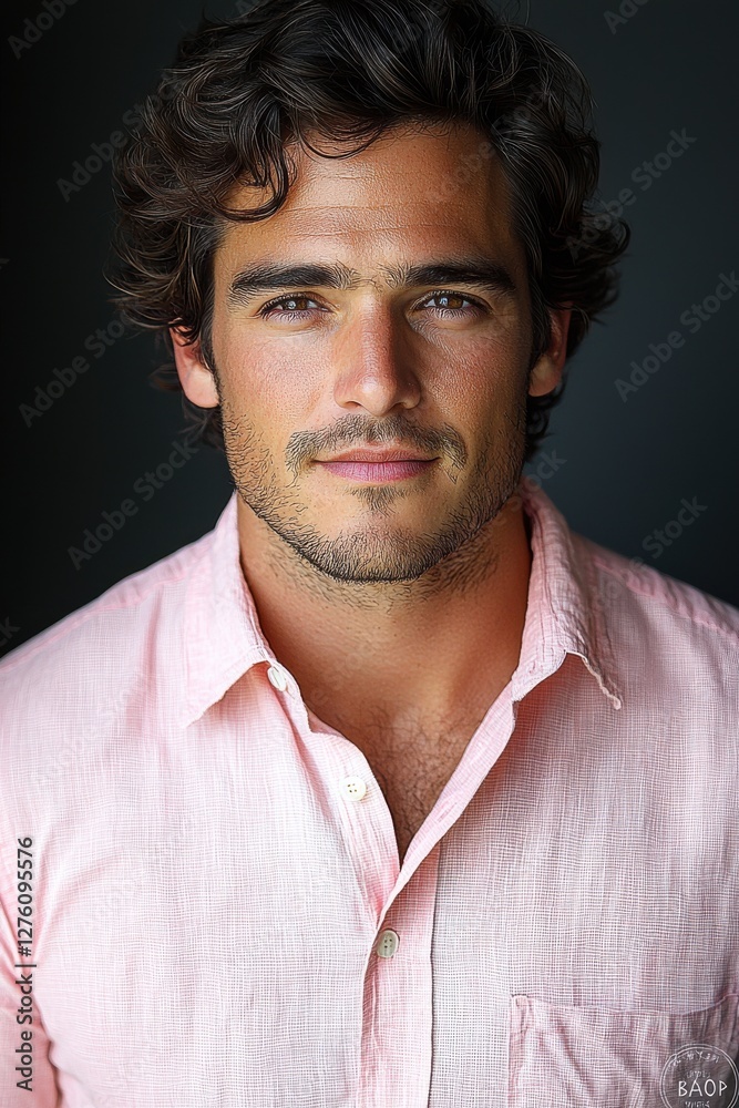 Male model poses with confidence in a casual pink shirt against a dark background Male model poses with confidence in a casual pink shirt against a dark background