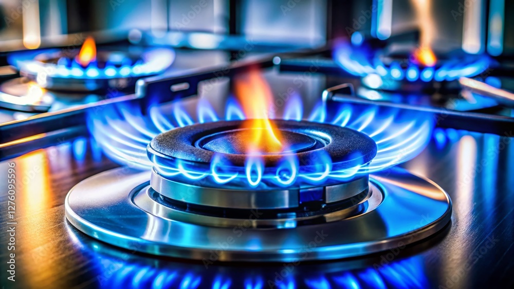 Blue Flame Cooking: Natural Gas Stovetop Burning in Modern Kitchen Blue Flame Cooking: Natural Gas Stovetop Burning in Modern Kitchen