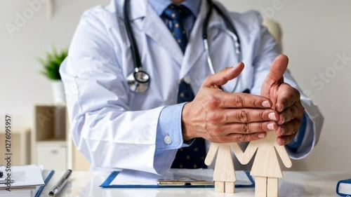 Healthcare Professional Guarding Wooden Family Icons in Hospital Setting, Generative AI