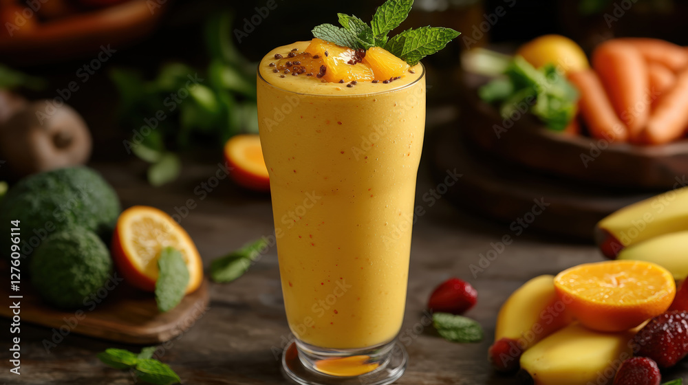 Fototapeta premium Creamy mango smoothie in tall glass, garnished with mint and fruit. refreshing blend of tropical flavors, perfect for healthy snack or breakfast