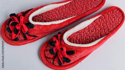 Red slippers on white surface. A pair of red and gray slippers on a gray background. Female shoes in a light shadow. Crimson footwear on a lifestyle light backdrop.
