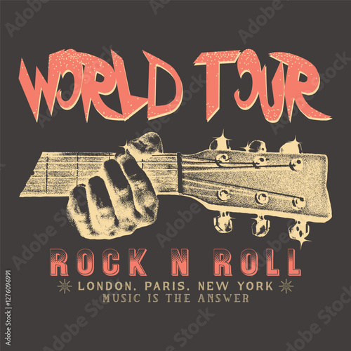 Rock and roll tour t shirt print design. Rockstar vector artwork. Rock'n'Roll music Creative Lettering Grunge style, Male and women's graphic tee print design. Rock'n'roll grunge, retro rock and roll