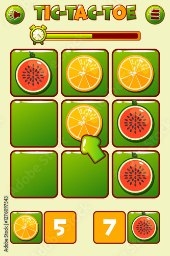 Game interface Tic-Tac-Toe in FRUITs themed for your 2D game design. two players- watermelon and orange. Board logic game UI. Vector strategy game noughts and crosses,