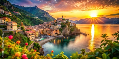 Breathtaking Bokeh View of Amalfi Coast, Italy: Majestic Vista Maiori Sunset