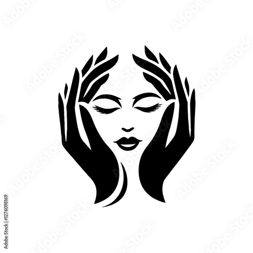 Bold Black Silhouette Logo for Beauty Parlor - Hands Holding Heart-Shaped Face on White