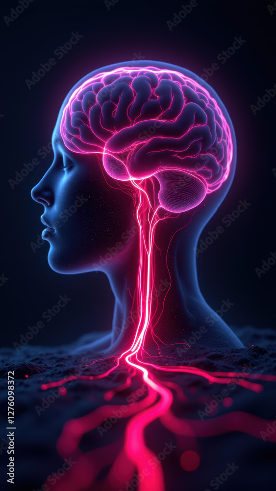 Computer-generated graphic showing a human head with an illuminated brain, highlighting vns or vagus nerve stimulation. Computer-generated graphic showing a human head with an illuminated brain, highlighting vns or vagus nerve stimulation.
