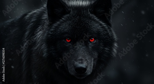Intense Black Wolf Portrait with Piercing Red Eyes in Dark Setting