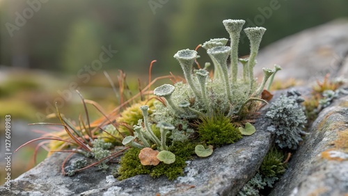 Microscopic World:  a diverse array of mosses, lichens, and tiny plants thrives on the surface of a weathered rock, painting a vibrant tapestry of life. photo