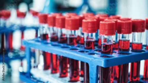 Blood Sample Test Tubes with Red Caps in a Medical Laboratory, Generative AI