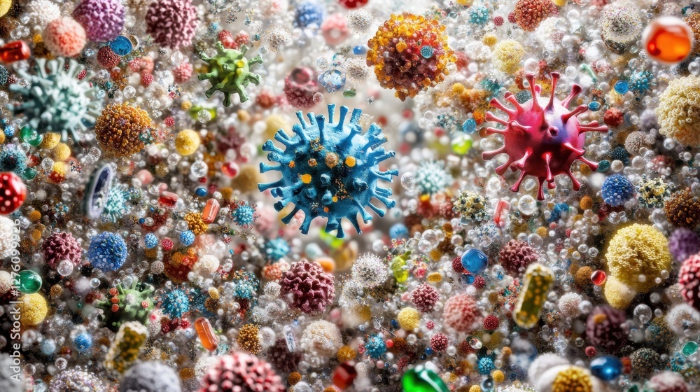 Microscopic View of Viruses and Bacteria in a Biological Field with Diverse Multi Colored Pathogens Microscopic View of Viruses and Bacteria in a Biological Field with Diverse Multi Colored Pathogens