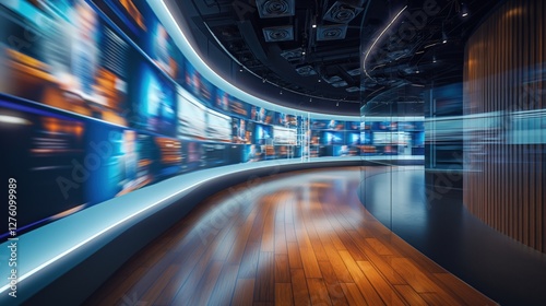 Blurred wall of television screens broadcasting 24/7 news and media. Concept of internet, AI, and nonstop data as wallpaper background