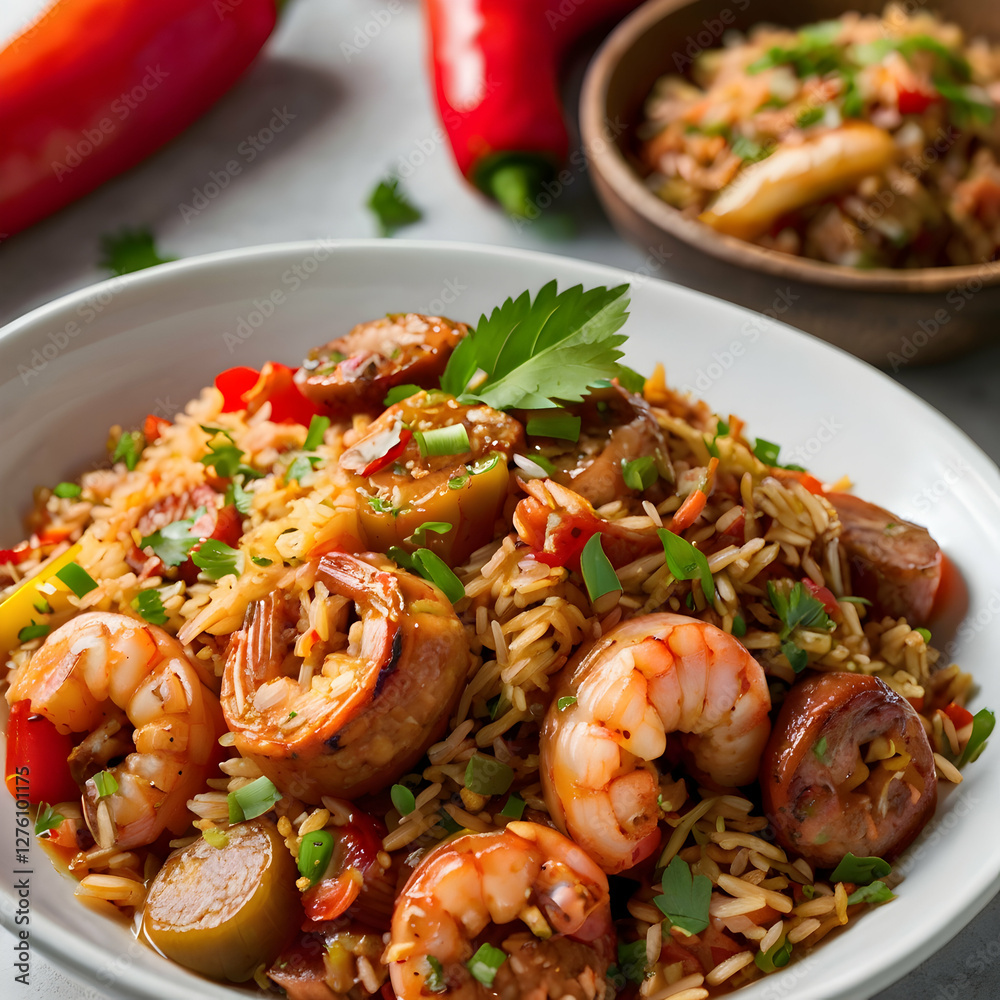 A bowl of flavorful jambalaya rice filled with a rich mixture of seasoned rice, shrimp, sausage, and colorful bell peppers. The dish is presented on a white bowl, with the rice perfectly cooked. A bowl of flavorful jambalaya rice filled with a rich mixture of seasoned rice, shrimp, sausage, and colorful bell peppers. The dish is presented on a white bowl, with the rice perfectly cooked.